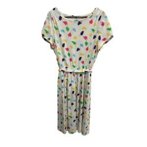 Vintage Tie Waist Midi Dress White Multicolor Sz 18 Colorful Leaf Print Fun